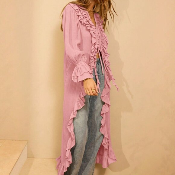Baby Pink Boho Women's Long Sleeved Ruffled Front Maxi Cardigan Dress - Picture 7 of 10